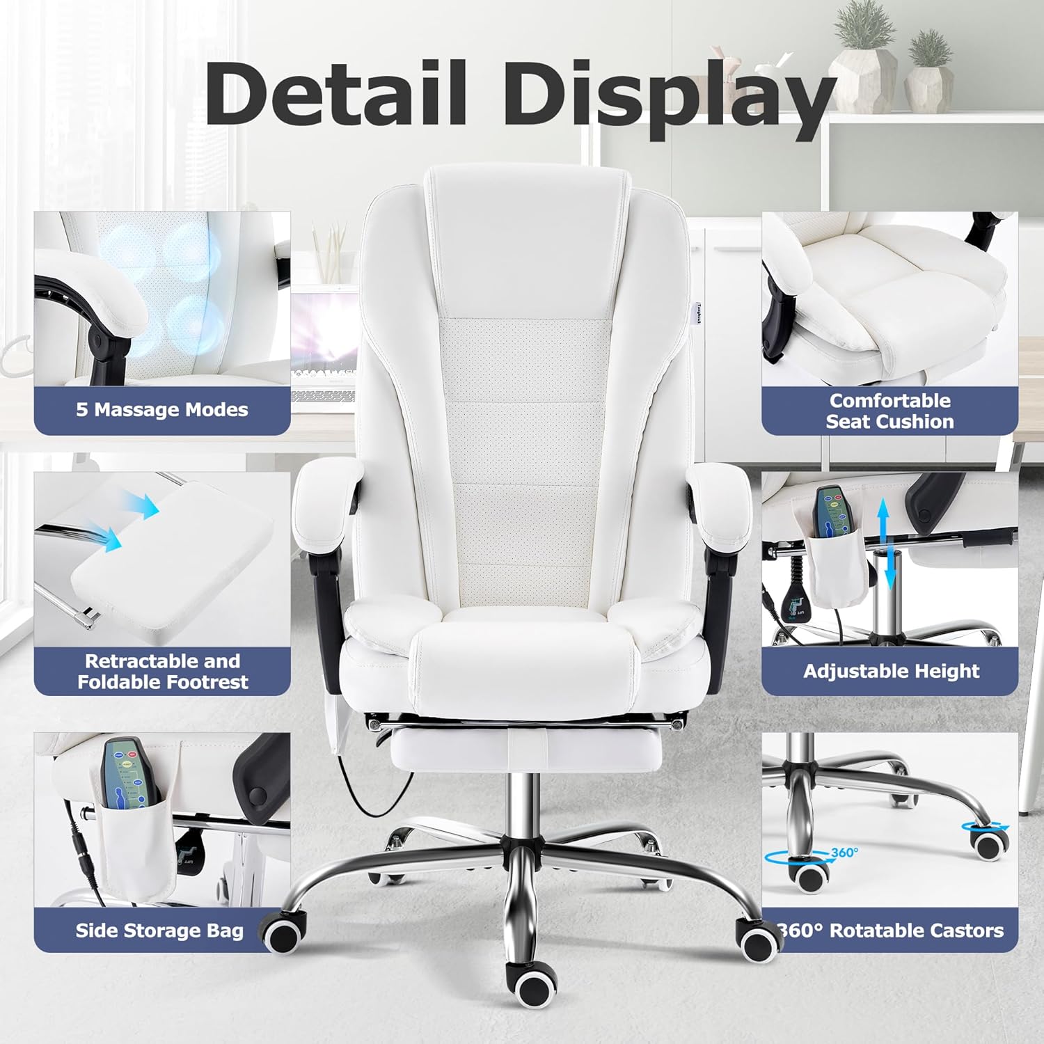 TonghuaS Massage Office Chair with Foot Rest Vibration and Heating, 90-130° Reclining Desk Chair, Ergonomic Reclining Computer Gaming Leather Chair(White)