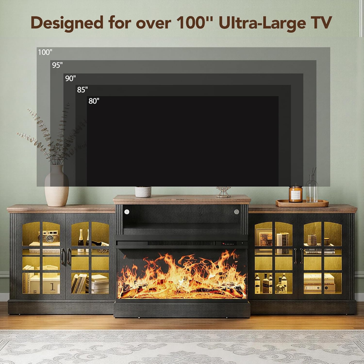 oneinmil 97" Entertainment Center with 36" Electric Fireplace, Farmhouse Fireplace TV Stand for TVs up to 100", Large Media Console Table with LED Lighting & Storage Cabinets, for Living Room, Black