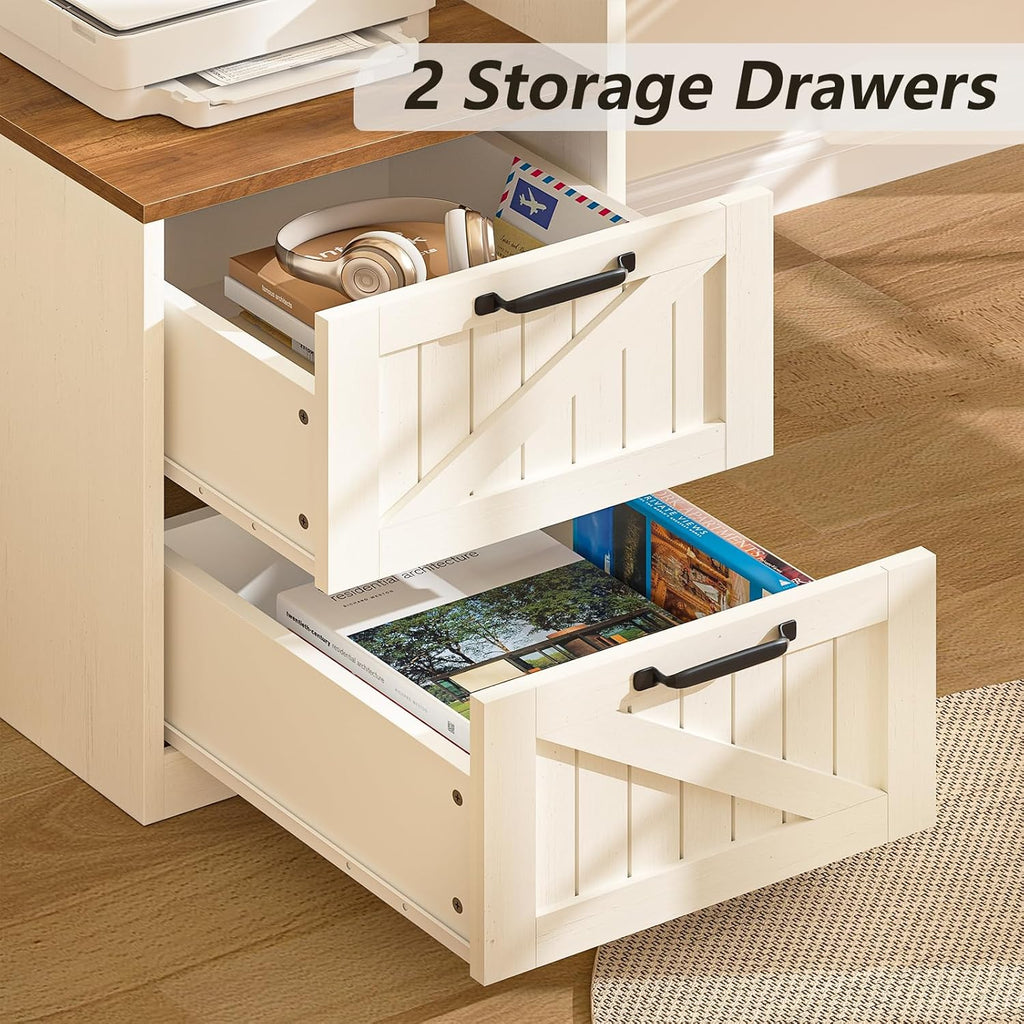 YOMILUVE 63" Farmhouse L Shaped Executive Desk with Drawers & Storage Shelf, Corner Computer Desk with Power Outlets, L Shaped Office Desk with Monitor Stand, Printer Shelf, Antique White