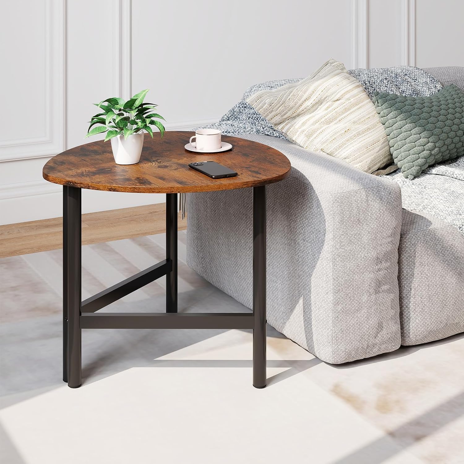 Giantex Triangle End Table, Wood Side Table with Metal Legs, Sofa Couch Accent Tables, Small Coffee Table for Small Space Living Room, Nightstand for Bedroom, Rustic Brown & Black