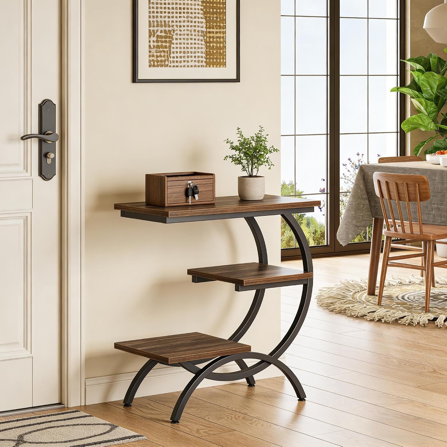 C-Shaped End Table, Narrow End Table with 3 Storage Shelves, 3-Tier Small Side Table for Couch, Wood Slim Snack Table with Black Metal Frame for Living Room Bedroom,Brown