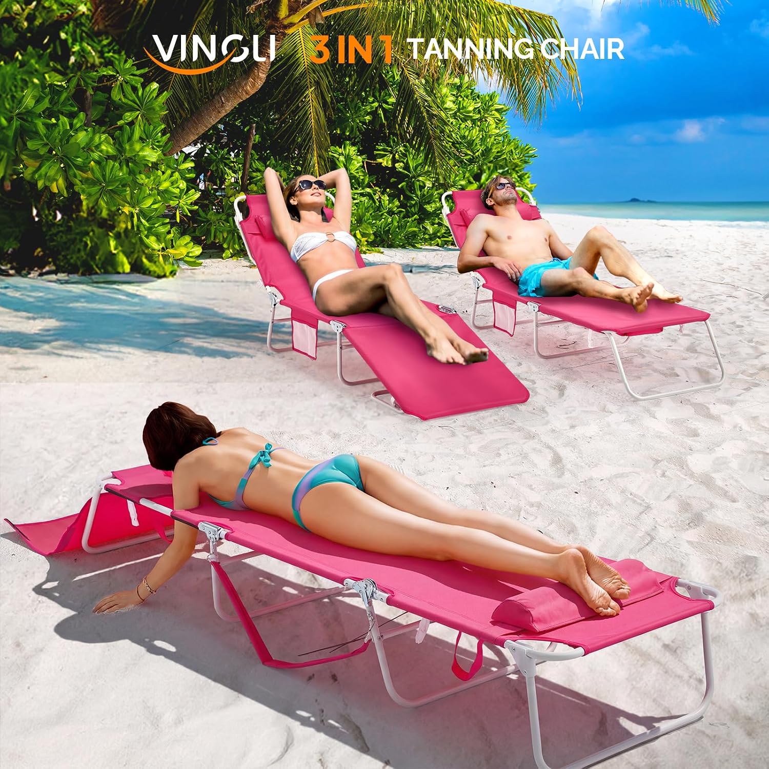 VINGLI Tanning Chair, Beach Lounge Chair with Face Hole, Lounge Chair Outdoor, Height-Adjustable Tanning Lounger, Anti-Tip Design, Carrying Bag, 475lbs, Pink