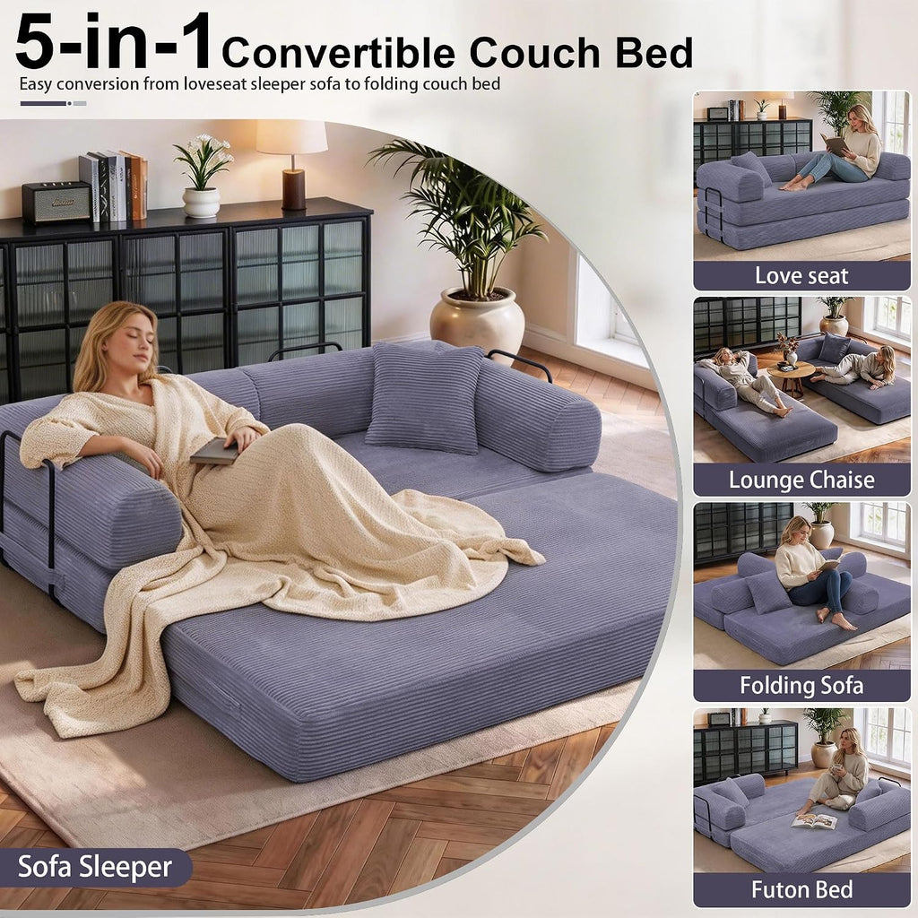 JJJ 78 inch Sofa Bed 4-in-1 Boneless Convertible Corduroy Sleeper Folding Couch with Fixed-Shape Frame and 2 Futons No Assemble Required 3 Seater Upholstered for Living Room (Gray, 78 inch)