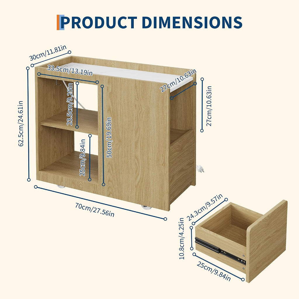 End Table with Charging Station, Mobile Side Table with Drawer, 3-Level Adjustable Shelf, 2 AC Outlets, Lockable Wheels, Nightstand for Living Room, Bed Room, Kitchen