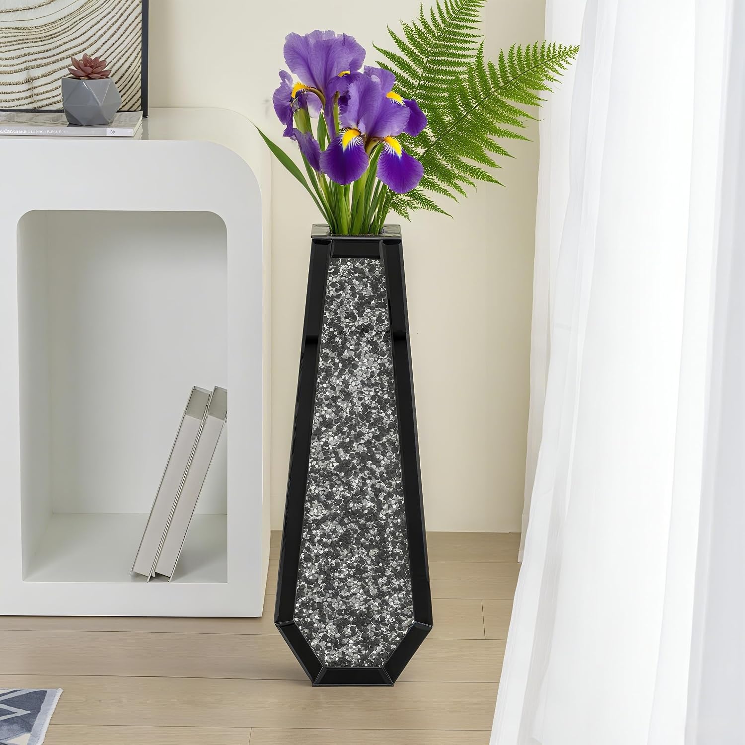 SHYFOY 24" Black Floor Vase, Black Crushed Diamond Tall Vases for Floor, Elegant Black Crystal Glass Vase for Pampas Grass Mirrored Decorative Flower Vase for Office Home Decor