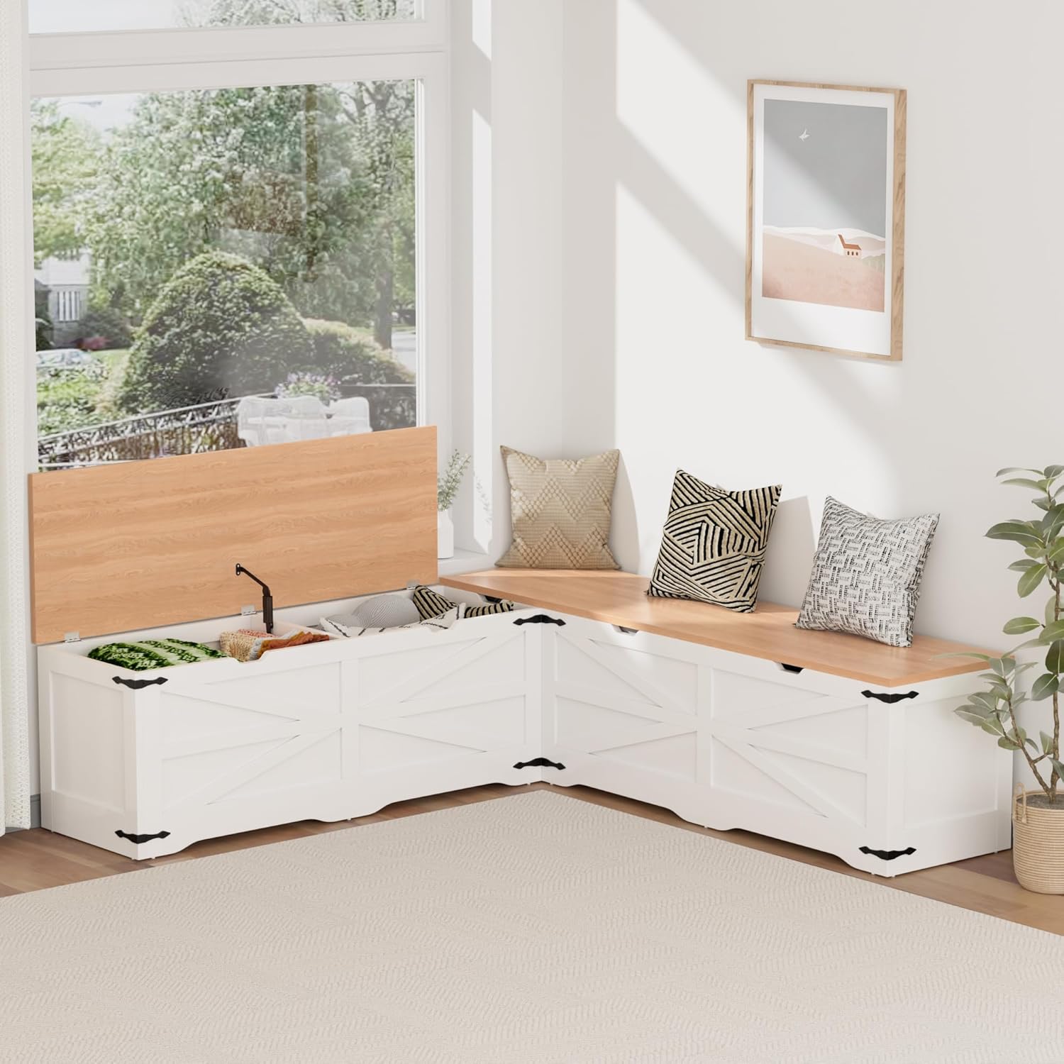 L Shape Kitchen Breakfast Nook Bench, Backless Farmhouse Storage Bench, Corner Dining Bench with Hidden Storage for Dining Room, Kitchen, Entryway
