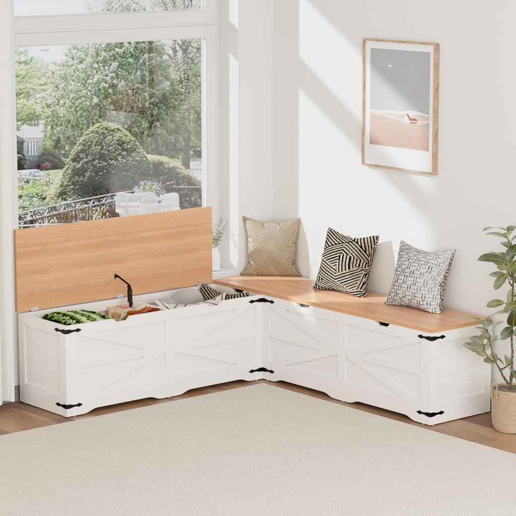 L Shape Kitchen Breakfast Nook Bench, Farmhouse Storage Bench, Backless Corner Dining Bench with Hidden Storage, Flip-Top Storage Compartment Bench for Dining Room, Living Room, Entryway, Cloakroom