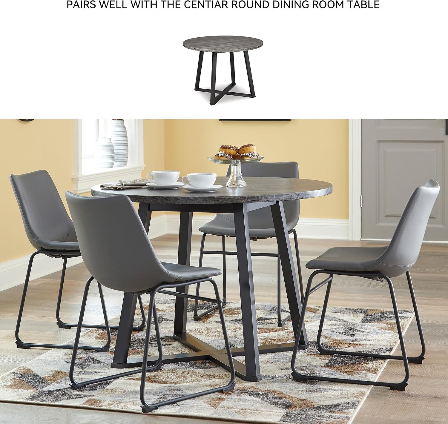 Signature Design by Ashley Centiar Faux Leather Dining Chairs, Set of 2 | Mid century modern bucket seat, Sturdy black metal frame sled base with floor glides, Easy to clean wipeable upholstery
