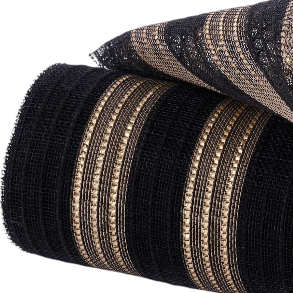 Deco Poly Mesh 10.25" Fine Weave Metallic and Jute for Wreaths, Crafts, and Holiday Decorations (Black, Gold, 10.25" x 10 Yards)