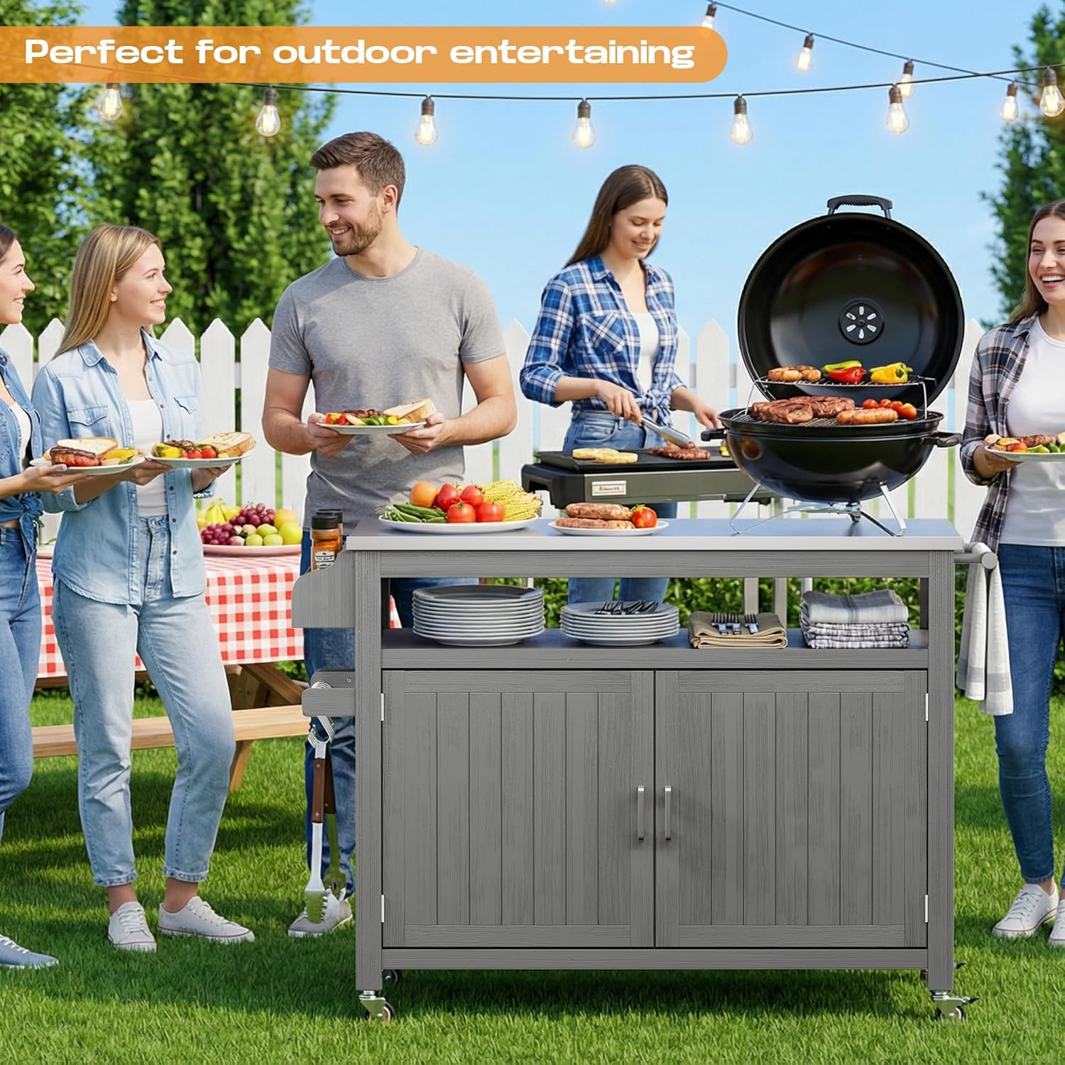 FUQARHY 43.3-Inch Solid Wood Outdoor Kitchen Island with Storage Cabinet, Grill Table with Stainless Steel Top, Outdoor Cooking Prep Station with Lockable Wheels for Backyard, Patio, Party (Gray)
