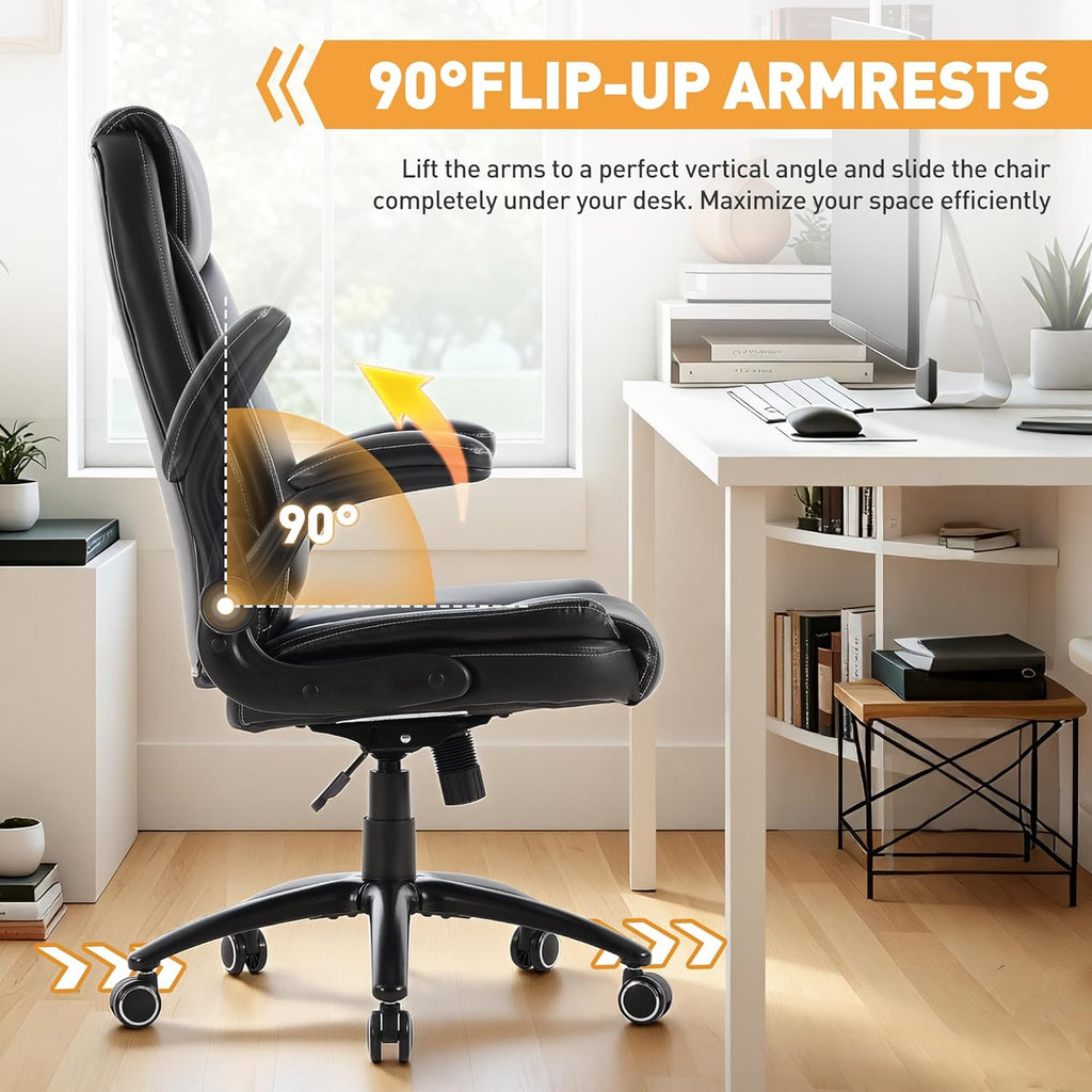 MALOL 300LBS PU Leather High-Back Executive Office Chairs, Heavy Duty Home Ergonomic Computer Chair Flip-Up Armrests & Reclining Backrest, Black