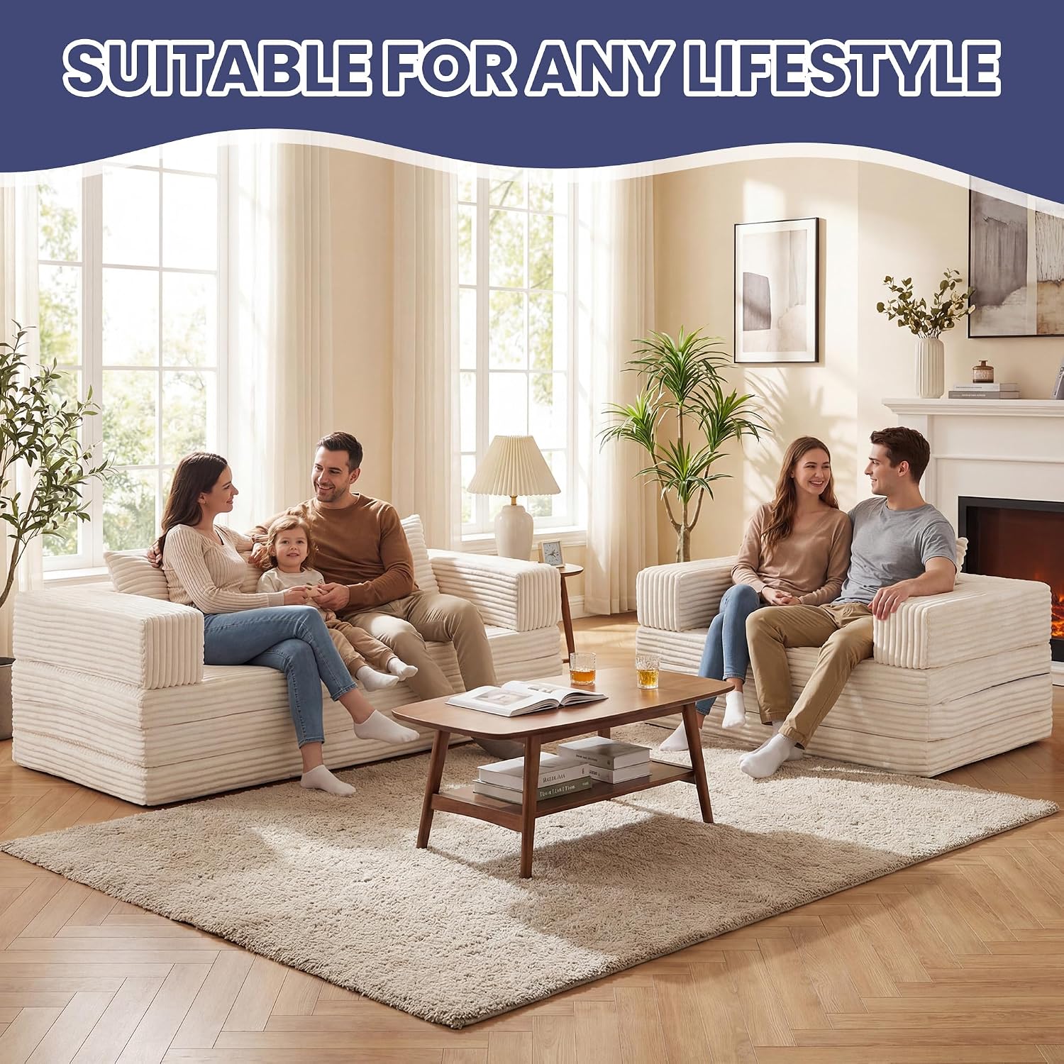 Convertible Sofa Bed, 4-in-1 Boneless Loveseat with Removable Armrests Backrest, Corduroy Futon Couch Bed with Pillow, Foldable Mattress Sleeper Sofa for Living Room Bedroom Small Place (Beige)