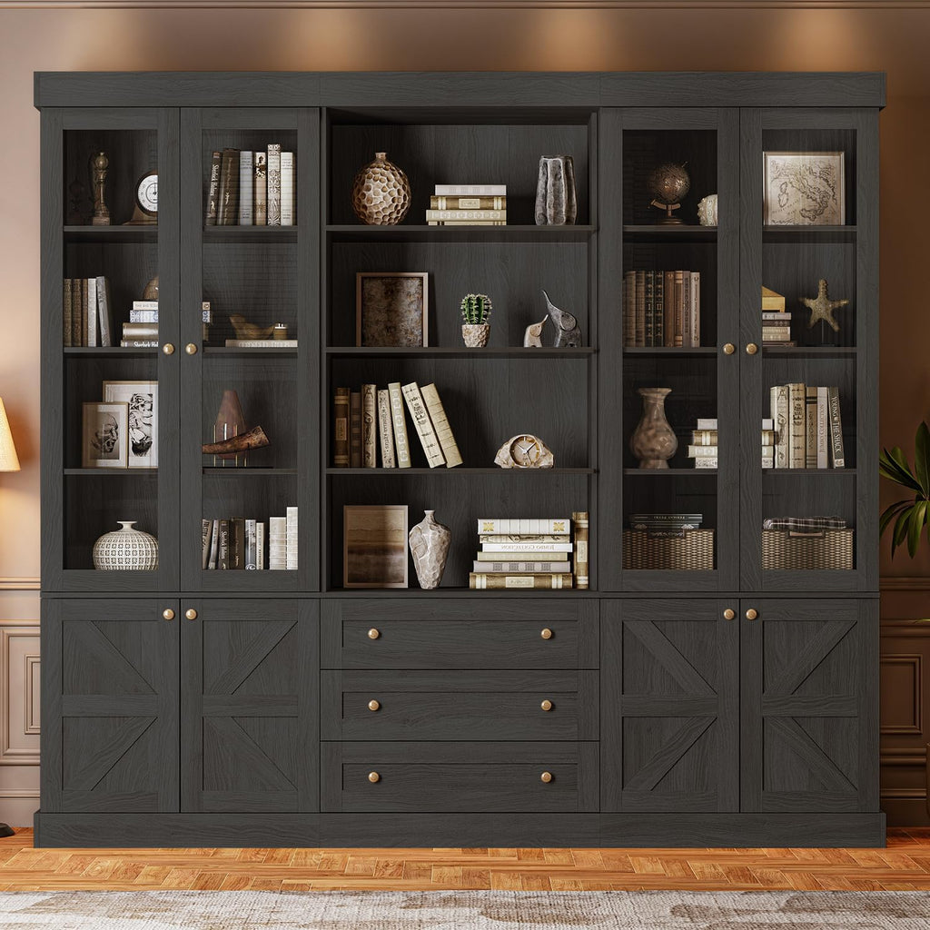 ivaniti 71" Farmhouse Bookcase with Glass Doors & Drawers, Tall Wooden Storage Cabinet with Adjustable Shelves for Living Room, Home Office, Dining Room, Black, Set of 3
