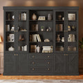 ivaniti 71" Farmhouse Bookcase with Glass Doors & Drawers, Tall Wooden Storage Cabinet with Adjustable Shelves for Living Room, Home Office, Dining Room, Black, Set of 3