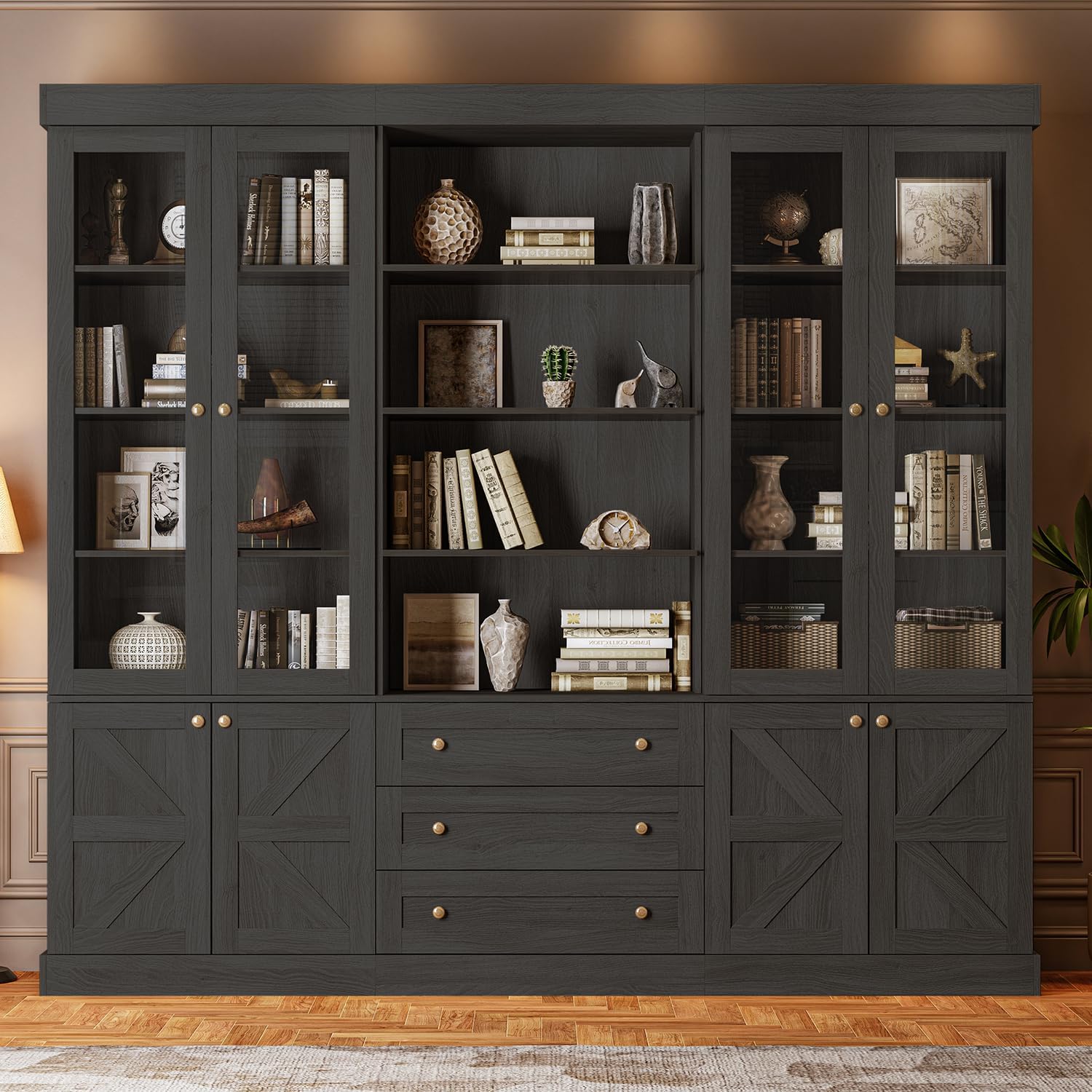 ivaniti 71" Farmhouse Bookcase with Glass Doors & Drawers, Tall Wooden Storage Cabinet with Adjustable Shelves for Living Room, Home Office, Dining Room, Black, Set of 3