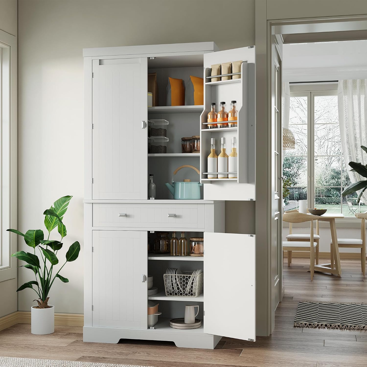 72 Inch Food Pantry Cabinet, Modern White Wood Kitchen Storage Cabinet with Door Shelves & Drawer, Freestanding Cupboard for Dining Room, Living Room, Apartments