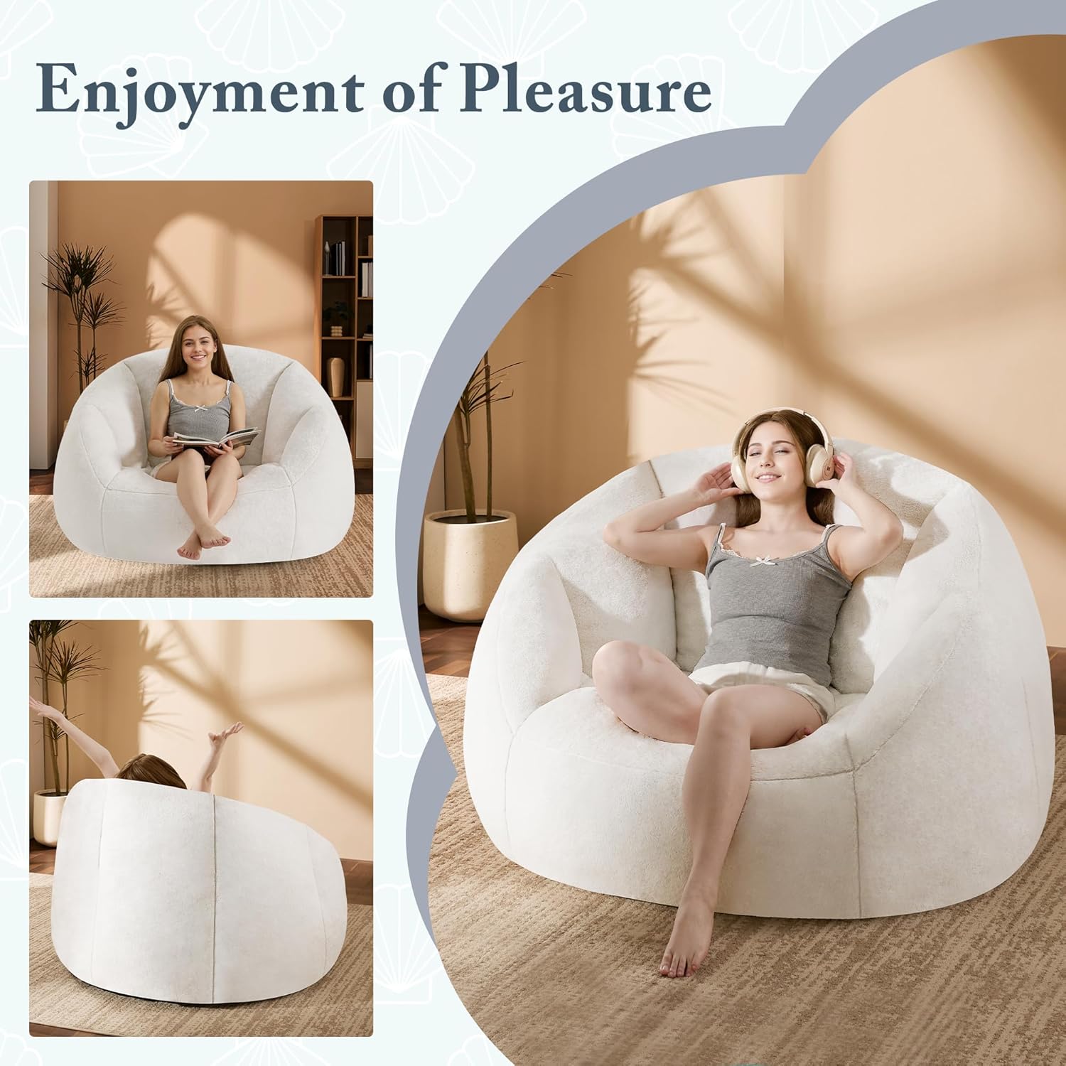 Gericco Swivel Giant Bean Bag Chair for Adults with Ottoman - Comfy Plush Round Shell Soft Accent Chaise Lounge Indoor Chair, Oversized Cozy Floor Sofa for Living Room, Bedroom & Game Rooms, Beige