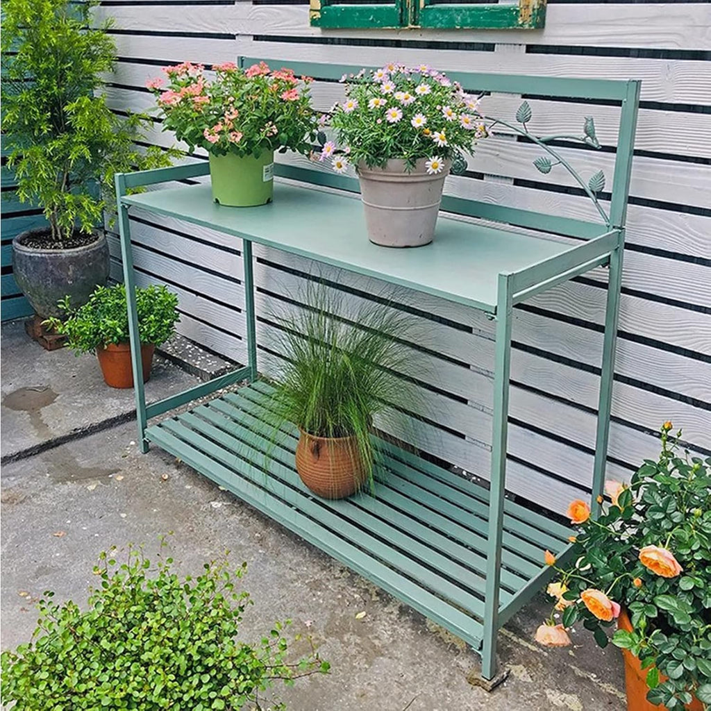 Potting Bench, Outdoor Patio Metal Potting Table with 2- Tier Open Shelf, Garden Work Station Table for Planting (Color : Green, Size : 126.5x45x115.5cm)