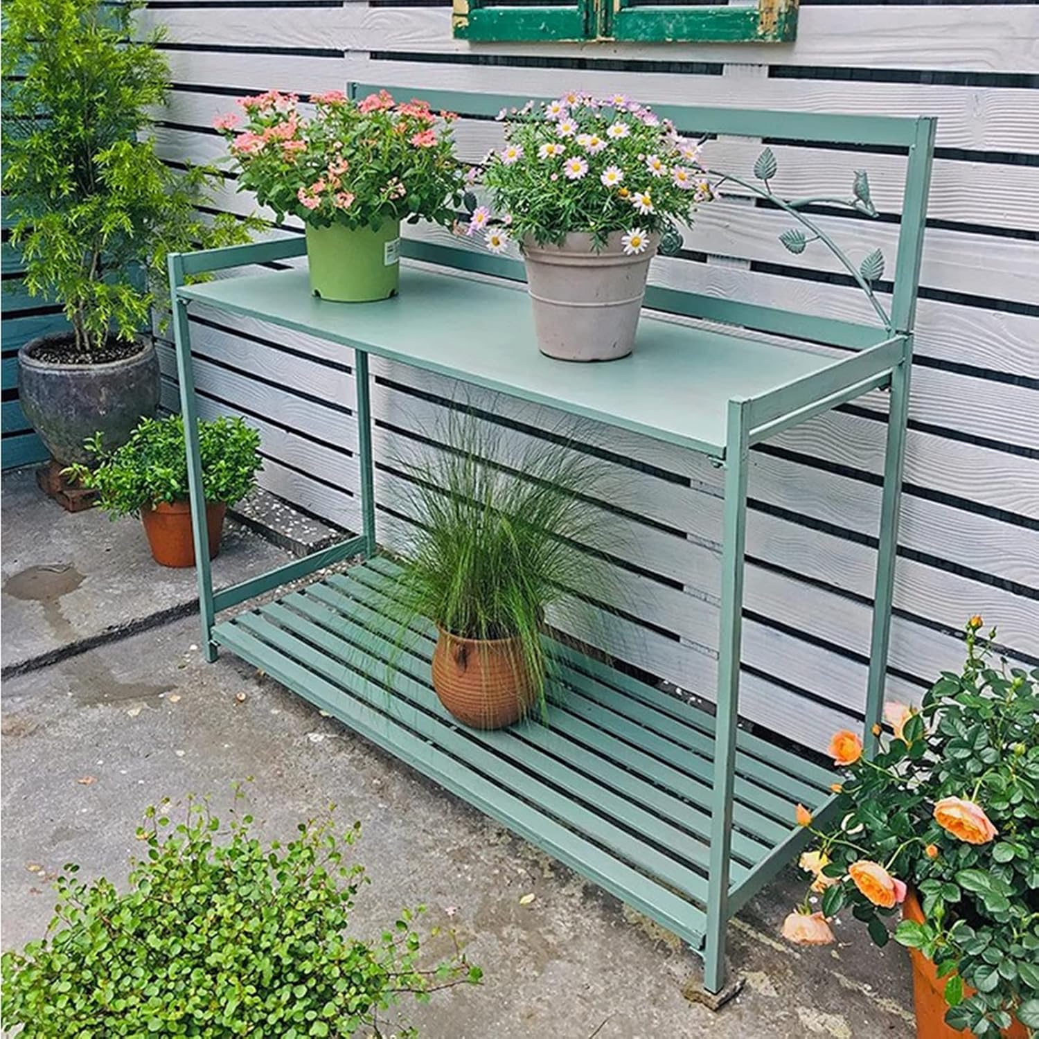 Potting Bench, Outdoor Patio Metal Potting Table with 2- Tier Open Shelf, Garden Work Station Table for Planting (Color : Green, Size : 126.5x45x115.5cm)