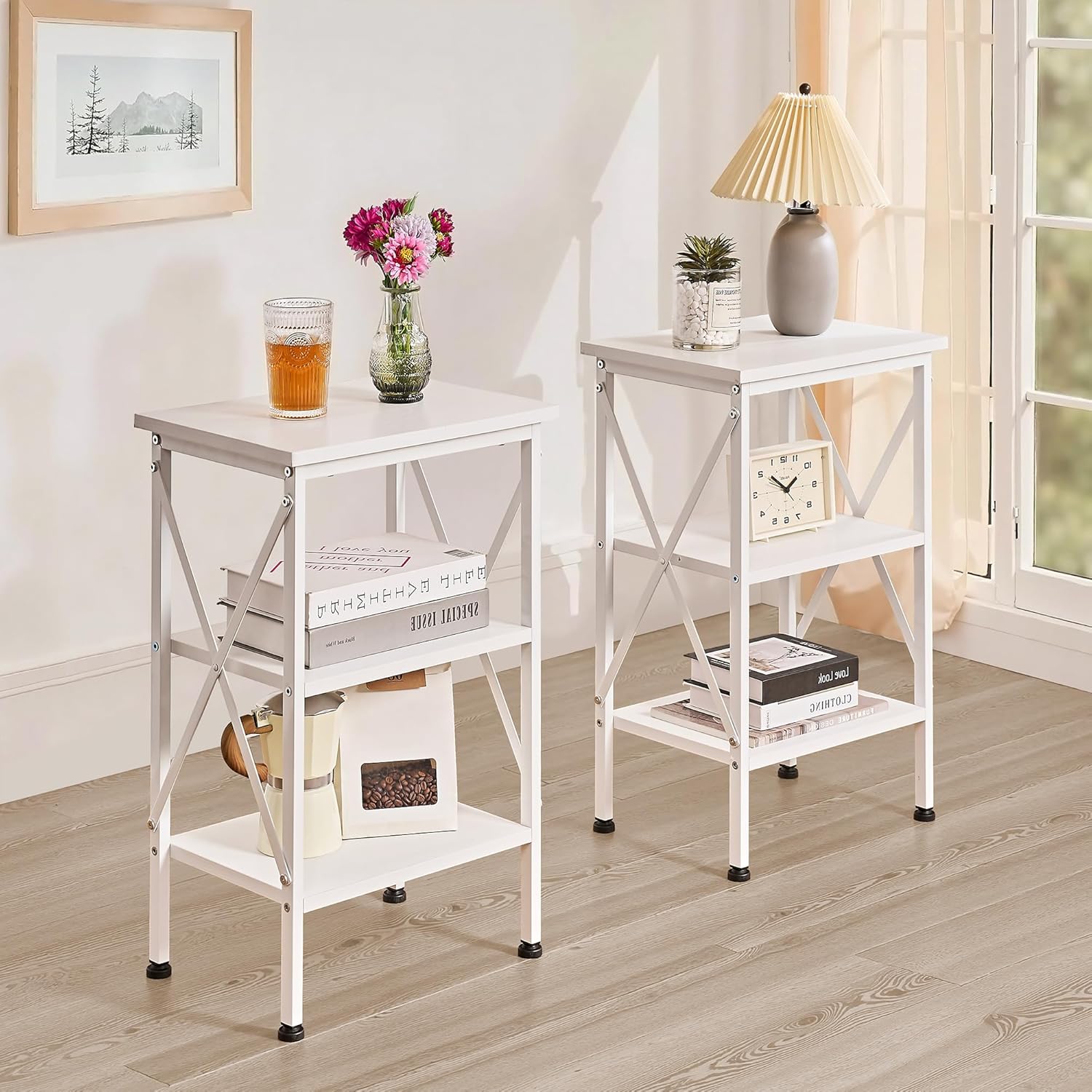 VECELO End Table, 24" Tall Living Room Side Tables, X-Design Reinforced Bedside Table, Nightstands with 3-Tier Storage Shelves for Small Spaces, Office, Bathroom, Bedroom, Pearl White, 1 Pack