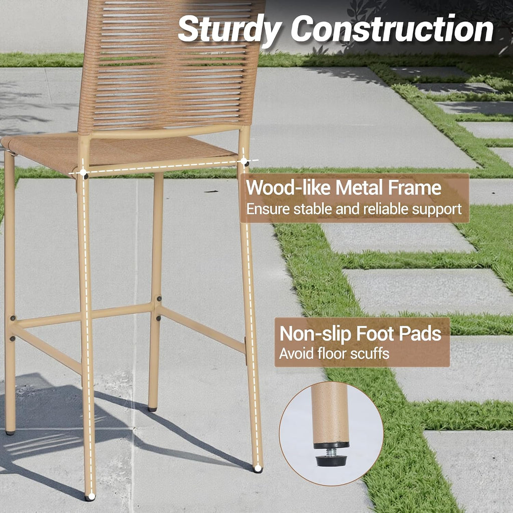 30" Patio Bar Stools Set of 4, Ergonomic Outdoor Wicker Bar Chairs with High Backrest, All-Weather Rope-Like Rattan Bar Height Barstools for Kitchen Island, Garden, Porch, Yellow