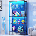 Display Cabinet with Glass Doors, 4-Tier Curio Cabinet with 3 Color Lights, Metal Glass Display Case with Motion Sensor, Storage Cabinets with Adjustable Glass Shelves, Bookcase, Black