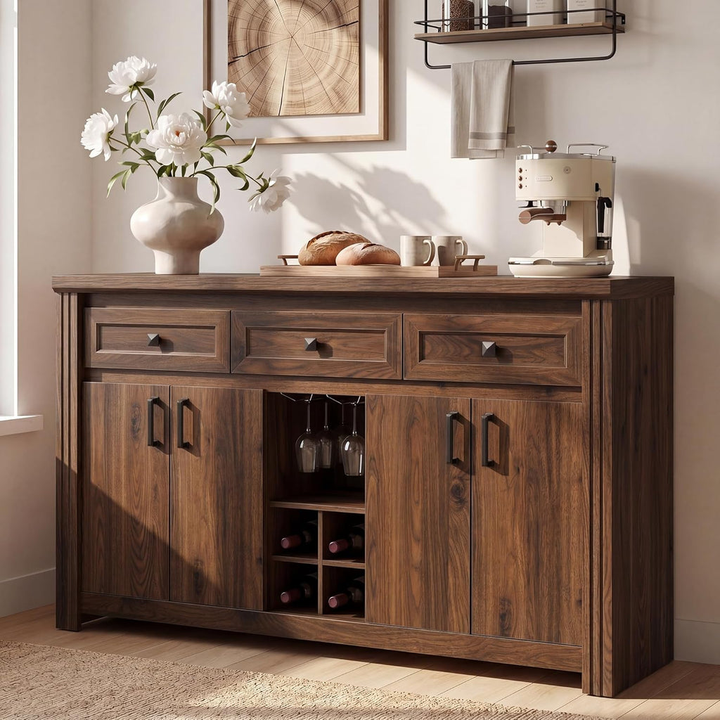 Buffet Sideboard with Storage, 55" Large Kitchen Storage Cabinet with 4 Doors, Wine Rack & Glass Holder, Farmhouse Wood Coffee Bar Buffet Table with Shelves for Kitchen, Dining Room, Walnut