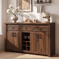 Buffet Sideboard with Storage, 55" Large Kitchen Storage Cabinet with 4 Doors, Wine Rack & Glass Holder, Farmhouse Wood Coffee Bar Buffet Table with Shelves for Kitchen, Dining Room, Walnut