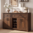 Buffet Sideboard with Storage, 55" Large Kitchen Storage Cabinet with 4 Doors, Wine Rack & Glass Holder, Farmhouse Wood Coffee Bar Buffet Table with Shelves for Kitchen, Dining Room, Walnut