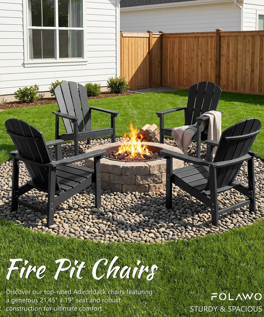 Adirondack Chair Set of 4, All Weather HDPE Fire Pit Chairs, Oversized Plastic Adirondack Chair for Outdoor, Balcony, Deck, Backyard, Patio, Garden, Poolside, Lawn Black