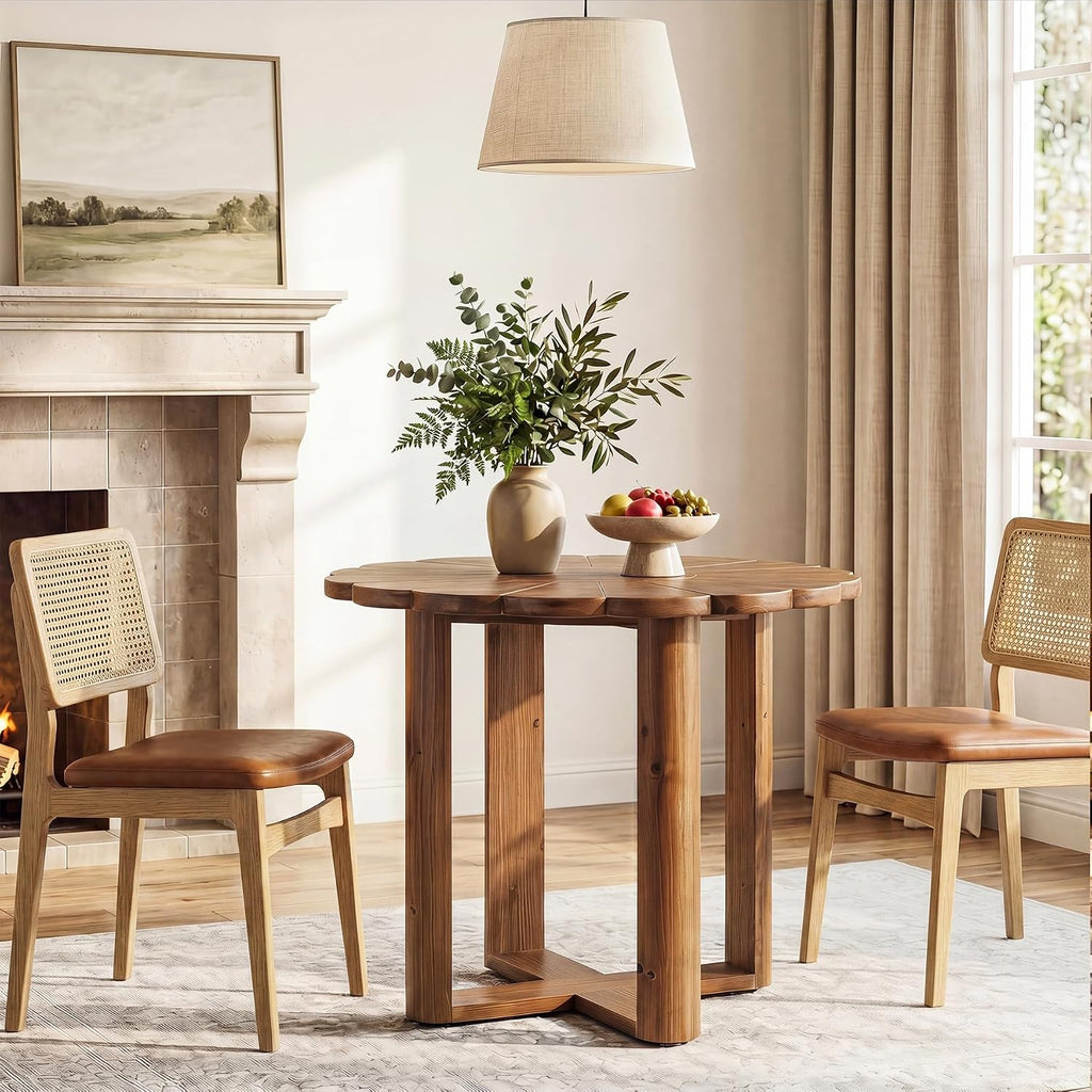 31.5-Inch Solid Wood Round Dining Table for 2-4, Small Farmhouse Kitchen Table with Carved Petal Pattern, Wooden Dining Room Furniture for Apartments, Small Place, Rustic Brown