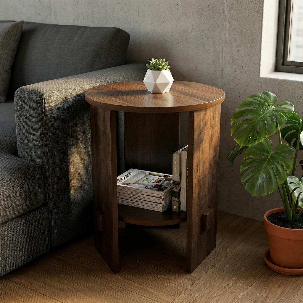 chairus Round Side Table, 15.5" Small End Table with 2-Tier Open Storage, Modern Nightstand for Living Room Bedroom, Compact Accent Furniture for Small Spaces, Walnut
