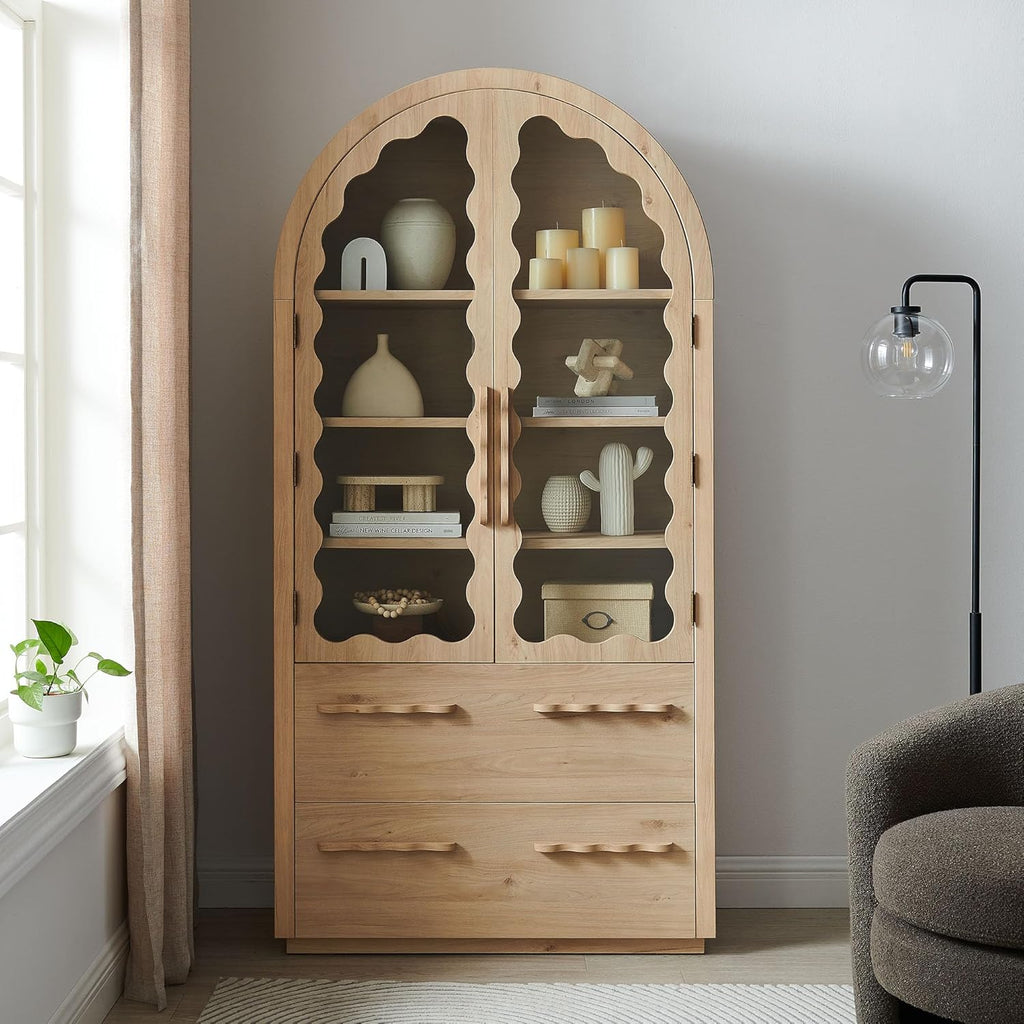 Modway Rory 76 Inch Arched Kitchen Pantry Cabinet with Glass Doors in Light Oak - Vintage Retro Accent Display Stand for Dining Room, Living Room, Hallway