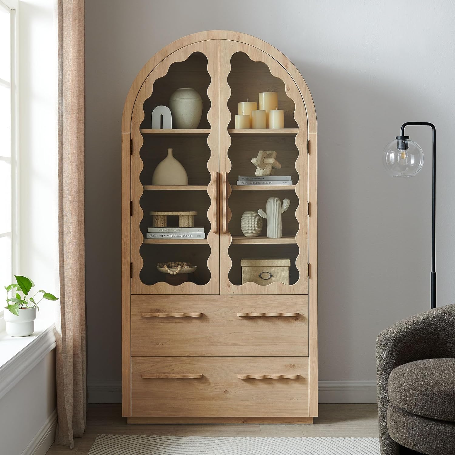 Modway Rory 76 Inch Arched Kitchen Pantry Cabinet with Glass Doors in Light Oak - Vintage Retro Accent Display Stand for Dining Room, Living Room, Hallway