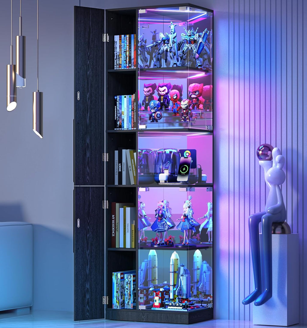 VersionTECH. Glass Display Cabinet with RGB Lights, 5-Tier Curio Cabinets with Glass Doors for Collectibles, Display Case with Adjustable Shelves, Human Sensor, Charging Station, Mirror Backing, Black