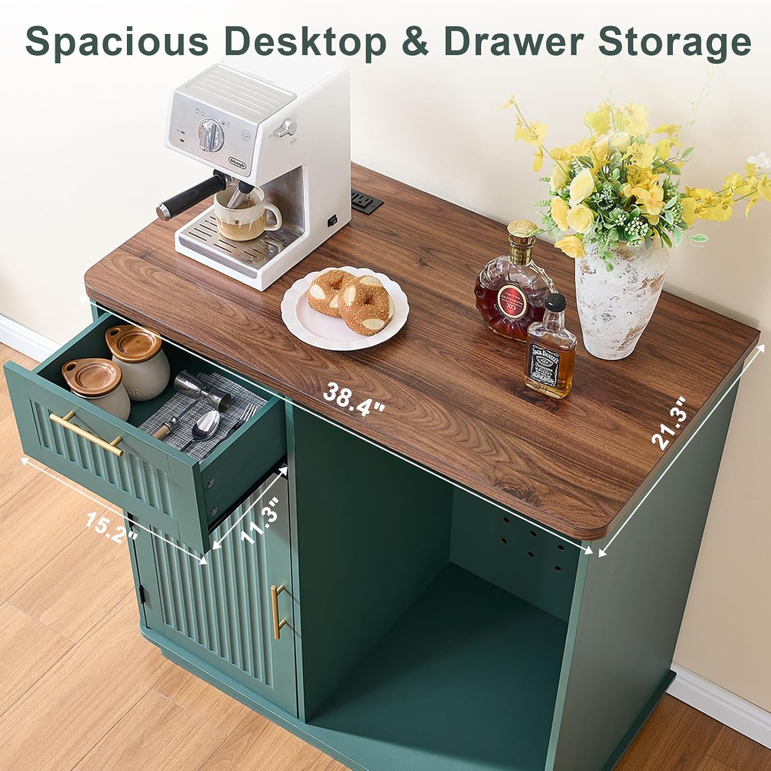 Okvnbjk Mini Fridge Cabinet with Storage & Power Outlet, Green | Coffee Bar Cabinet with Fridge Space, Modern Fluted Bar Cabinet with Drawer & Storage for Living Room, Dining Room, Dorm