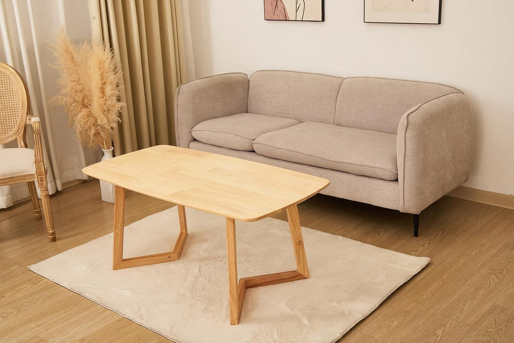 Mid-Century Modern Rectangular Coffee Table, Solid Wood Small Coffee Table with Unique Z-Shaped Legs, Minimalist Natural Wood End Table for Living Room, Apartment, Small Space, Easy Assembly