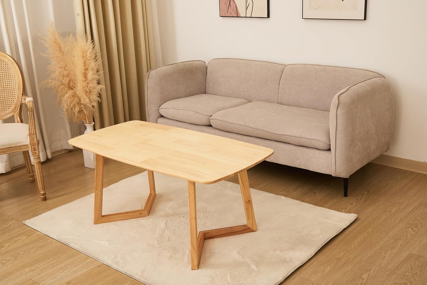 Mid-Century Modern Rectangular Coffee Table, Solid Wood Small Coffee Table with Unique Z-Shaped Legs, Minimalist Natural Wood End Table for Living Room, Apartment, Small Space, Easy Assembly