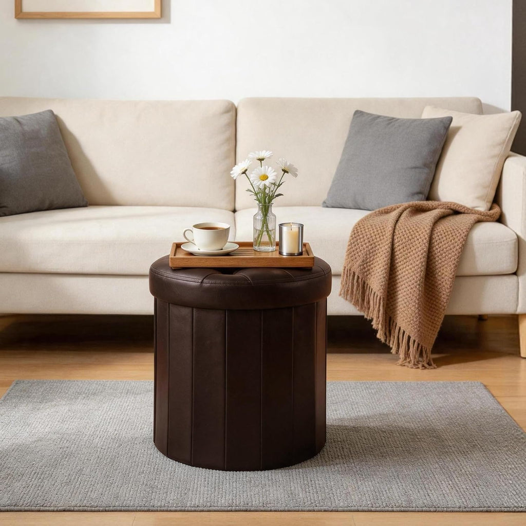 CAROLMADE Round Storage Ottoman,PU Leather Folding Footrest Stool with Thicker Foam Padded Seat,Versatile Vanity Stool for Living Room,Bedroom or Dorm,Brown