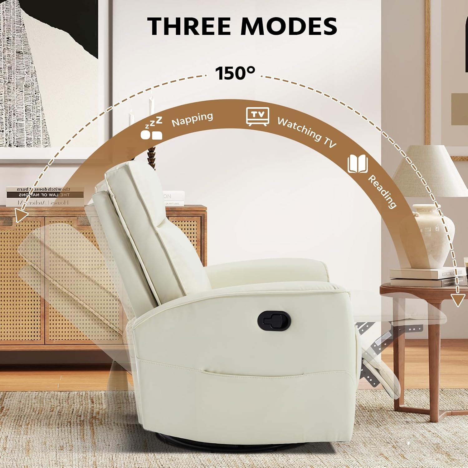 HAOMARKETS Swivel Rocker Recliner Chair, Manual Faux Leather Glider Rocking Recliners for Adults, 360° Swivel Nursery Reclining Sofa with Storage Pocket