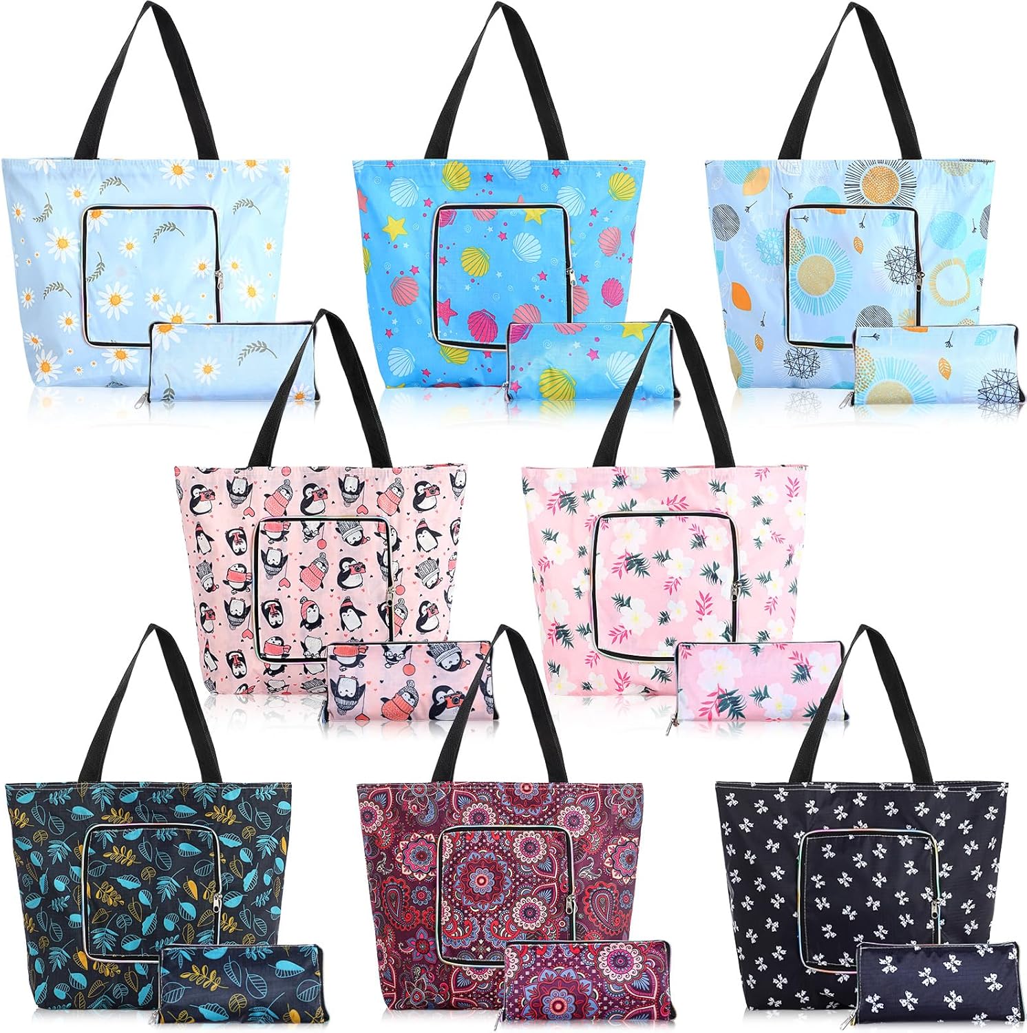 8-pack Summer Beach Tote Bags, Waterproof Sandproof Reusable Shopping & Groceries Bags with Zipper Foldable Pocket-size(Lively)