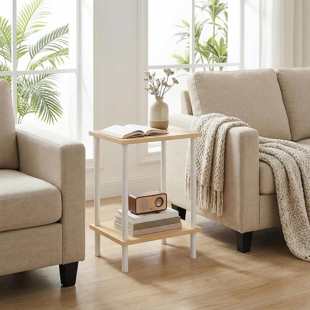 HOOBRO End Tables Set of 2, Small Side Table, Nightstand with 2-Layer Storage Shelves, Sofa Table for Small Spaces, Living Room, Bedroom, Stable Frame, Easy Assembly, Natural and White WN09BZP201