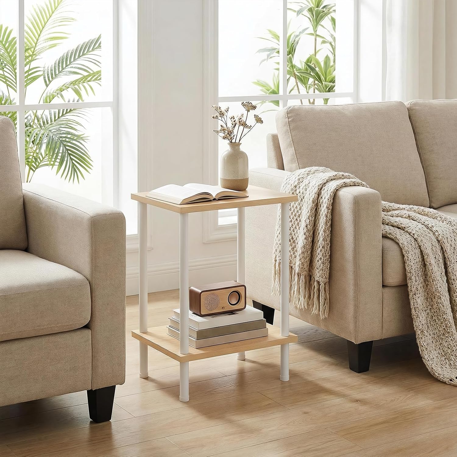 HOOBRO End Tables Set of 2, Small Side Table, Nightstand with 2-Layer Storage Shelves, Sofa Table for Small Spaces, Living Room, Bedroom, Stable Frame, Easy Assembly, Natural and White WN09BZP201