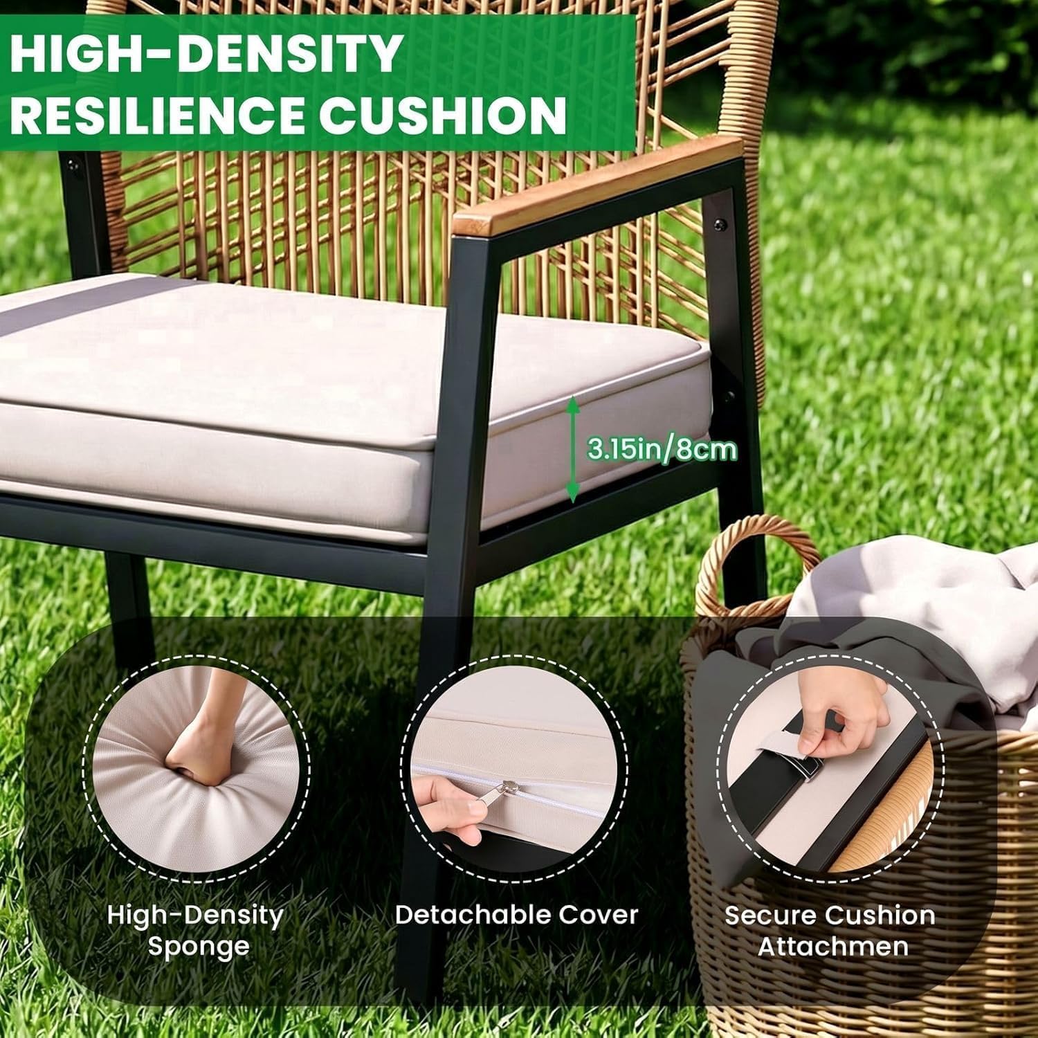 LIFERUN 8-Piece Patio Armchairs Set, Wide Outdoor Rattan Chairs (22in Seat Width) with Ergonomic Curved Backrest, 3.15in Thick Cushions, WPC Armrest, for Balcony, Backyard, Terrace, Beige