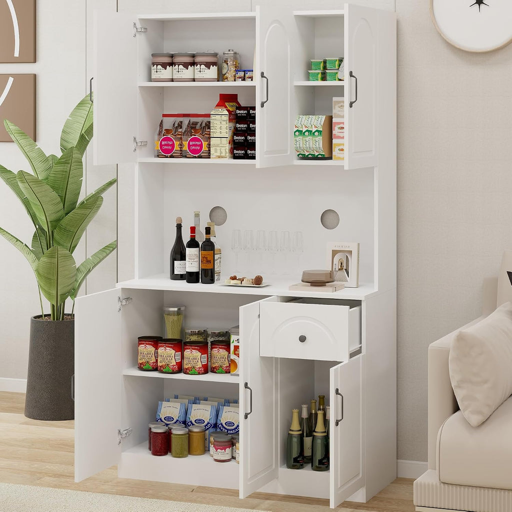 71" Pantry Cabinet,Freestanding Tall Cupboard Storage Cabinet with a Drawer,Tall Kitchen Pantry Storage Cabinet with Microwave Stand for Living Room, Dining Room,White