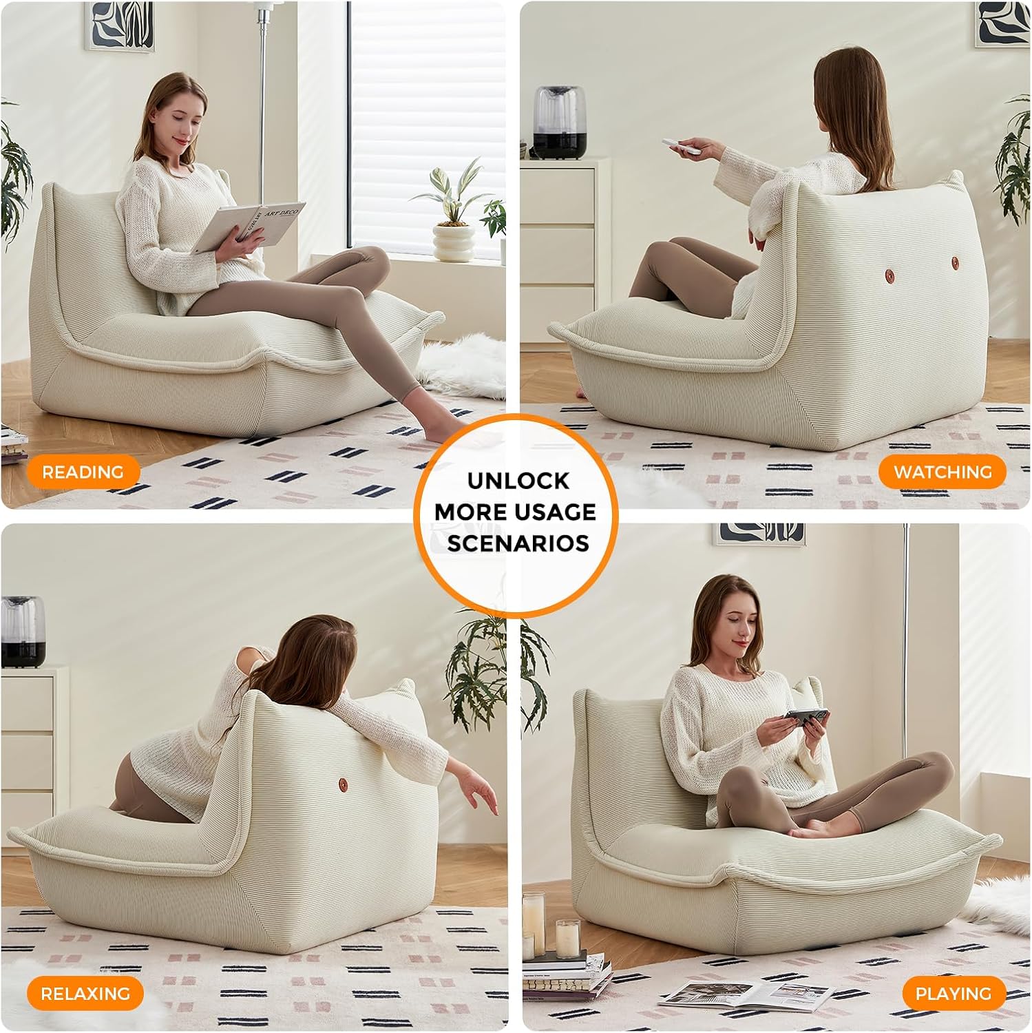 Bean Bag Chairs for Adults Giant BeanBag Chair Sofa Memory Foam Bean Bag Chair Couch with Ergonomic Design for Adults and Kids Home Living Room Bedroom Office Home Gaming Salon(Beige)
