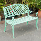 Vintage Distressed Outdoor Park Bench w/Woven Mesh Backrest, Heavy-Duty Metal Loveseat Chair with Curved Armrests, Slatted Seat, Perfect for Yard, Lawn, Balcony, Backyard(Green)