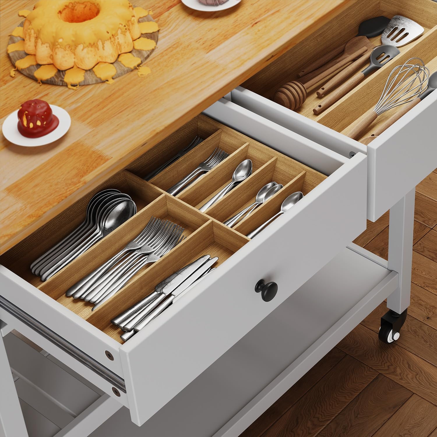 Gizoon Kitchen Island Cart on Wheels with 40'' Wood Tabletop | 2 Open Tiers Storage Shelves and Towel Rack, Rolling Utility Cart with 3 Side Hooks and 2 Drawer for Dining Room, Bar, White