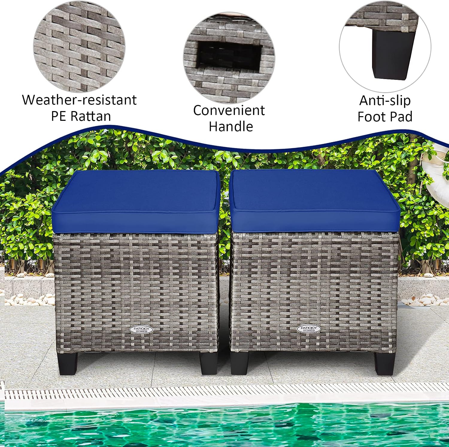 HAPPYGRILL Patio Ottoman Set of 2, Outdoor Rattan Wicker Ottoman Seat with Removable Cushions, Patio Furniture Footstool Footrest Seat (Mix Grey & Navy)