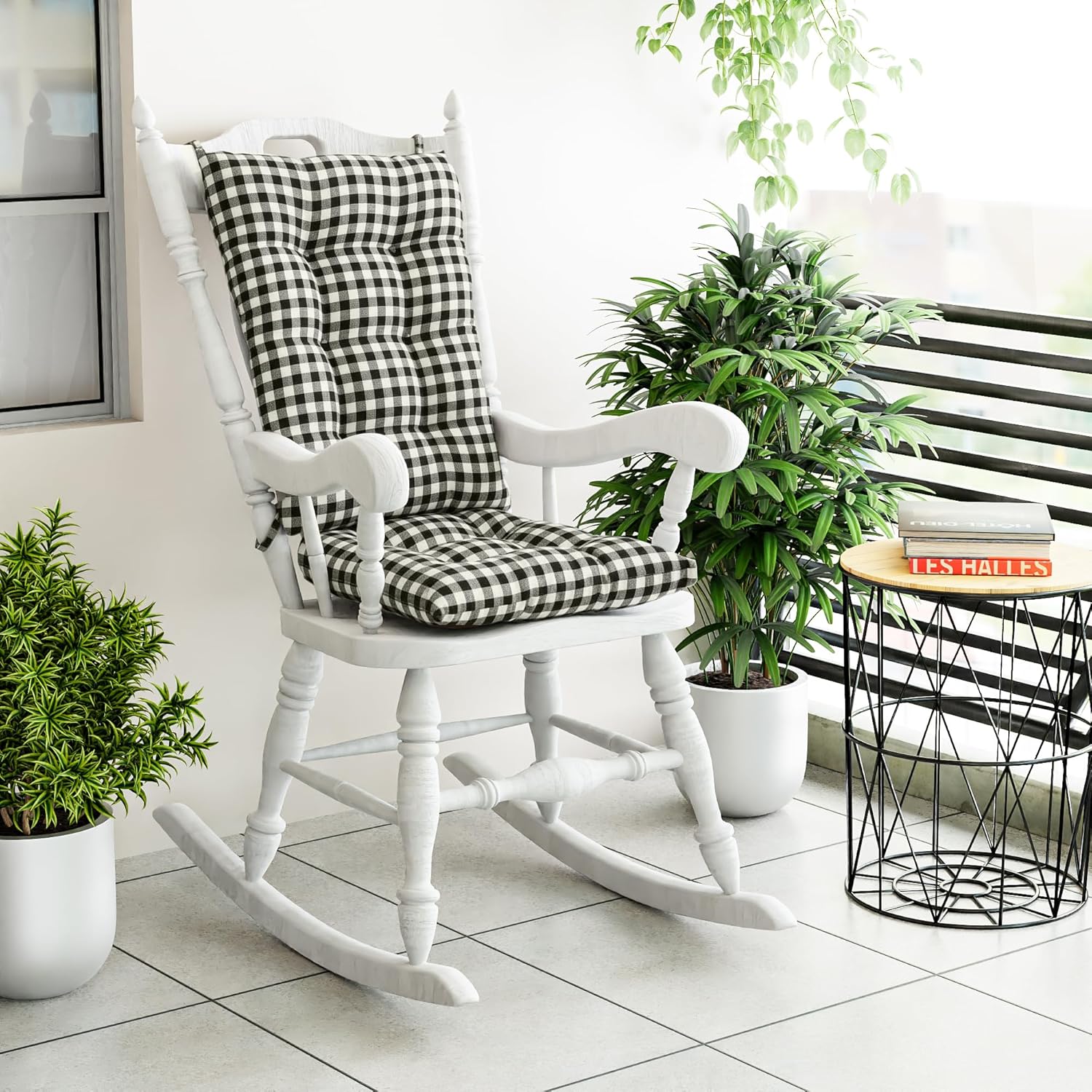 Klear Vu The Gripper Non-Slip Rocking Chair Cushion Set with Thick Padding, Includes Seat Pad & Back Pillow with Ties for Indoor Living Room Rocker, 17x17 Inches, 2 Piece Set, Gingham Black